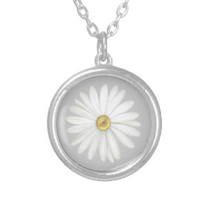 Beautiful Daisy Flower on Light Silver Gray Plated Necklace