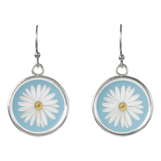 Beautiful Daisy Flower on Teal Turquoise Earrings (Front)