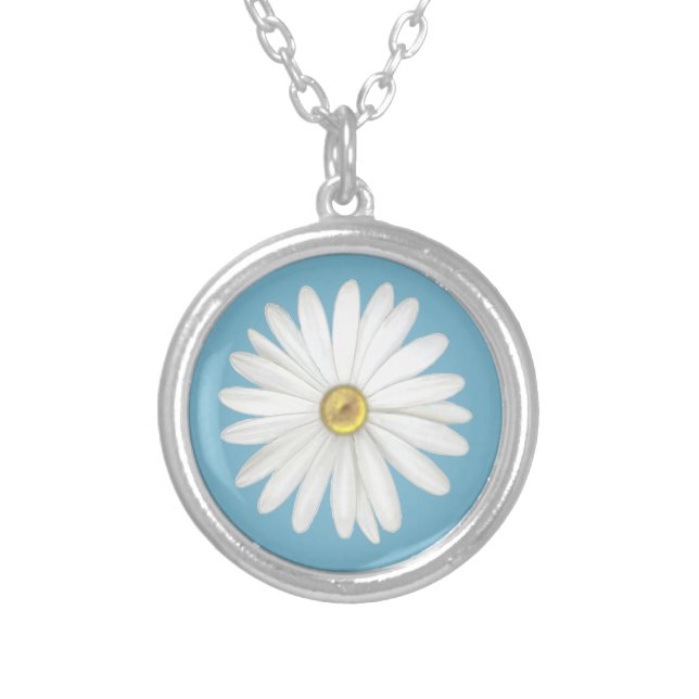 Beautiful Daisy Flower on Teal Turquoise Silver Plated Necklace (Front)