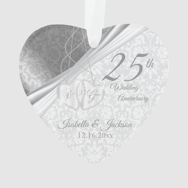 Beautiful Damask - 25th Silver Wedding Anniversary Ornament (Back)