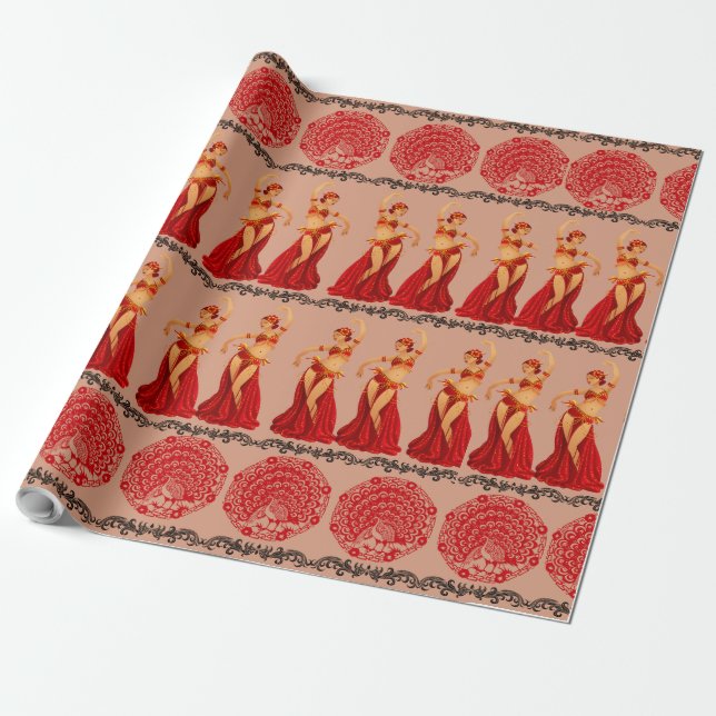 Beautiful Dancing Girls and Peacocks Pattern Wrapping Paper (Unrolled)