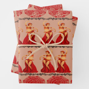 Beautiful Dancing Girls and Peacocks Pattern Wrapping Paper Sheets