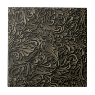 Beautiful Dark Flower Leaves - Wood Carving - Gold Ceramic Tile