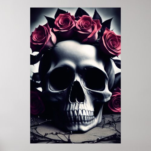  Beautiful Dark  Gothic Rose Skull Poster