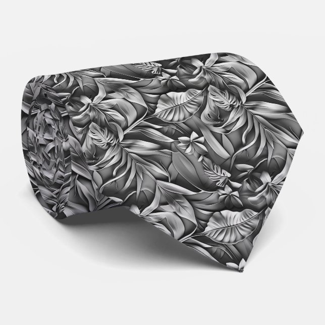 Beautiful Dark Gray Leaf Pattern Faux Leather  Neck Tie (Rolled)