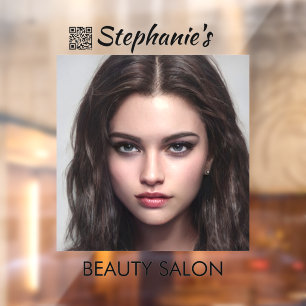 Beautiful Dark Hair Girl Beauty Salon With QR Code Window Cling