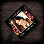 Beautiful Dark Moody Florals Photo Graduation Cap Topper<br><div class="desc">This elegant graduation cap topper features beautiful florals with a single square photo and classic typography over a black background.</div>