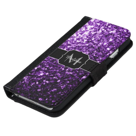 Beautiful Dark Purple glitter sparkles Monogram iPhone Wallet Case