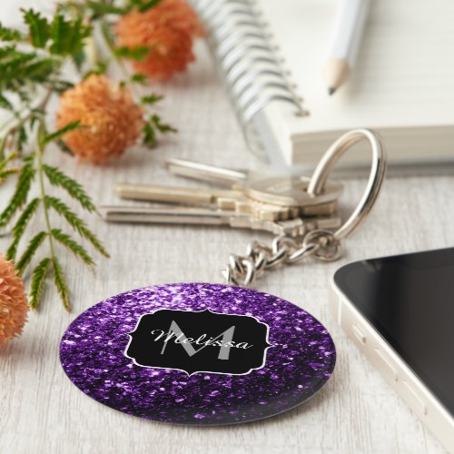 Beautiful Dark Purple glitter sparkles Monogram Keychain