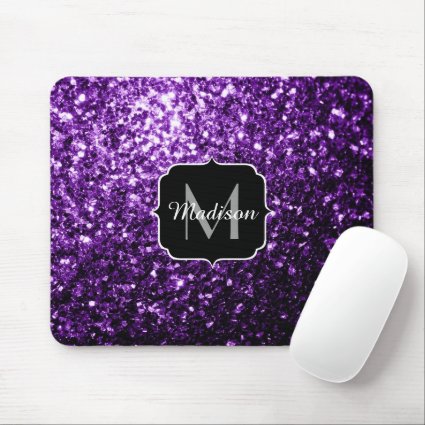 Beautiful Dark Purple glitter sparkles Monogram Mouse Pad