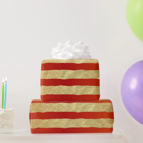 Beautiful Dark Red and Gold Foil Stripes Wrapping Paper