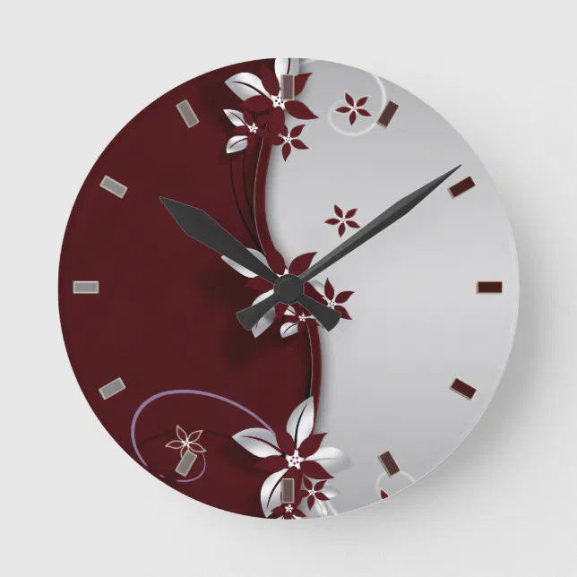 Beautiful dark red and silver grey effect flowers round clock | Zazzle