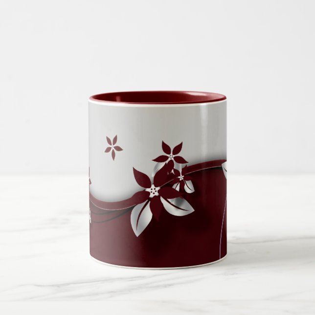 Beautiful dark red and silver grey effect flowers Two-Tone coffee mug (Center)