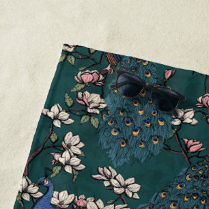 Beautiful Dark Teal Peacocks and Magnolia Flowers Beach Towel
