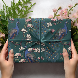 Beautiful Dark Teal Peacocks and Magnolia Flowers Wrapping Paper
