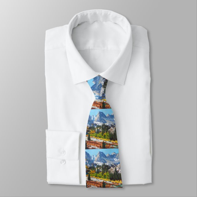 Beautiful Day in the Mountains Oil Painting Neck Tie (Tied)