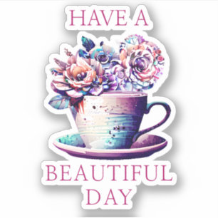 Beautiful Day Pretty Vintage Tea Cup of Flowers Sticker