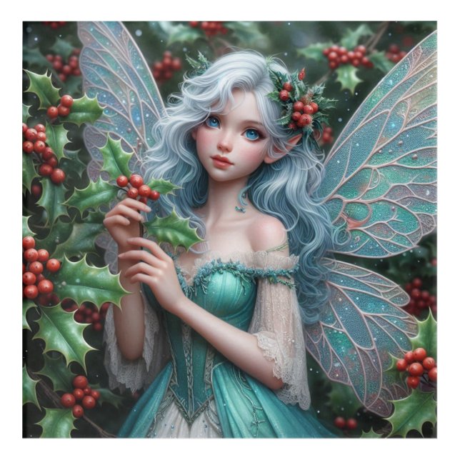 Beautiful December Fairy in Holly Acrylic Print (Front)