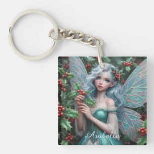 Beautiful December Fairy in Holly Keychain