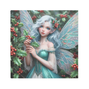 Beautiful December Fairy in Holly Metal Print