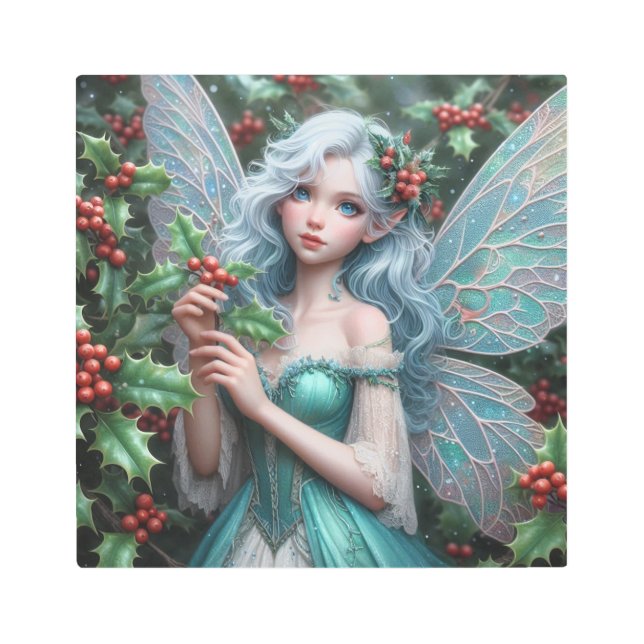 Beautiful December Fairy in Holly Metal Print (Front)