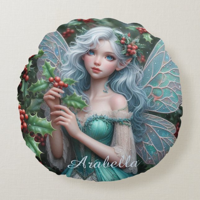 Beautiful December Fairy in Holly Round Pillow (Front)