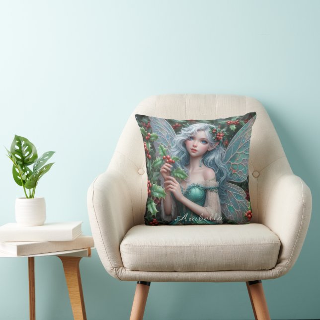 Beautiful December Fairy in Holly Throw Pillow (Chair)