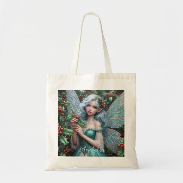 Beautiful December Fairy in Holly Tote Bag (Front)