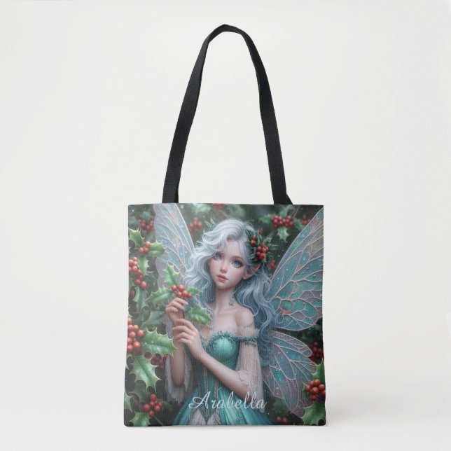 Beautiful December Fairy in Holly Tote Bag (Front)