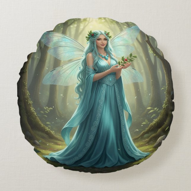 Beautiful December Turquoise Fairy Round Pillow (Front)