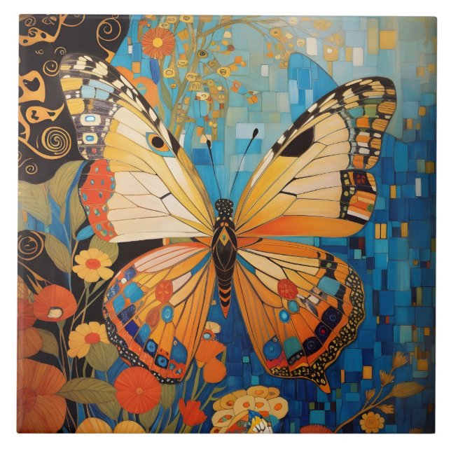 Beautiful Decorative Butterfly Floral Ceramic Tile (Front)