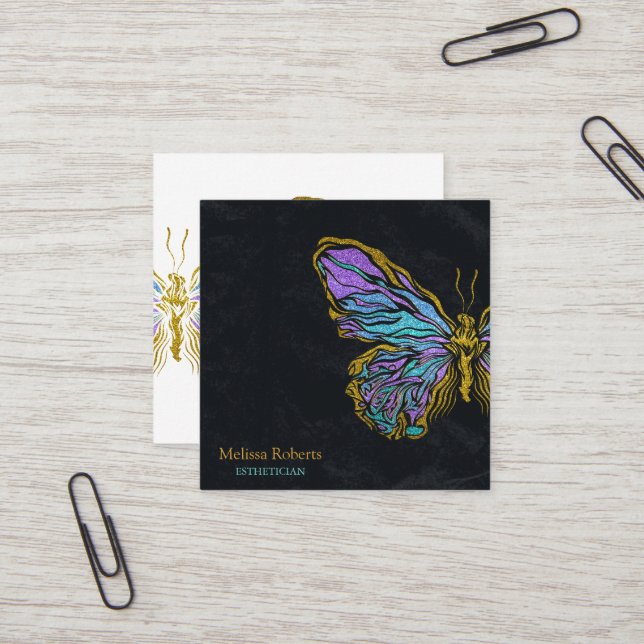 Beautiful Decorative Butterfly Logo Black  Square Business Card (Front/Back In Situ)