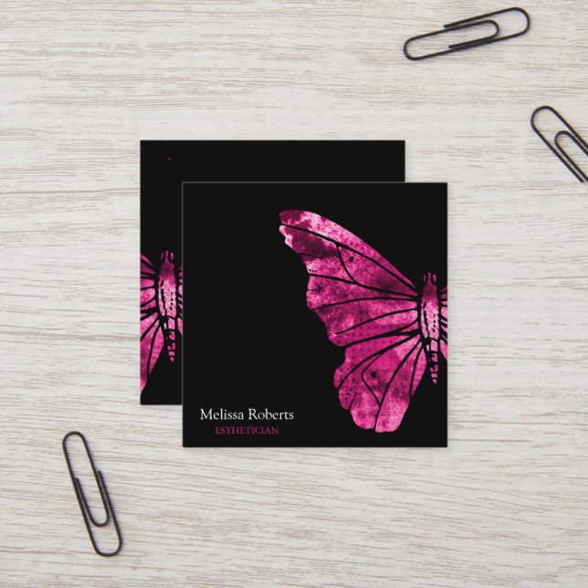 Beautiful Decorative Butterfly Logo Black  Square Business Card (Front/Back In Situ)