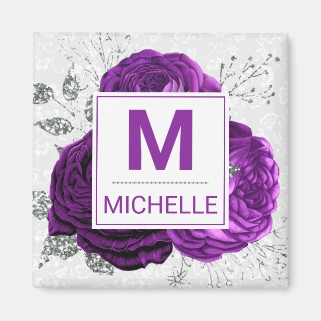Beautiful Deep Purple and Silver Flowers Monogram Magnet (Front)