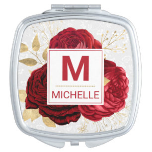 Beautiful Deep Red and Gold Flowers Monogram Compact Mirror