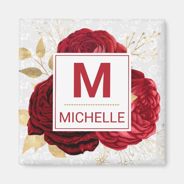 Beautiful Deep Red and Gold Flowers Monogram Magnet (Front)