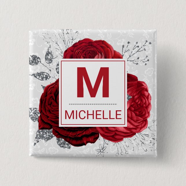 Beautiful Deep Red and Silver Flowers Monogram Button (Front)