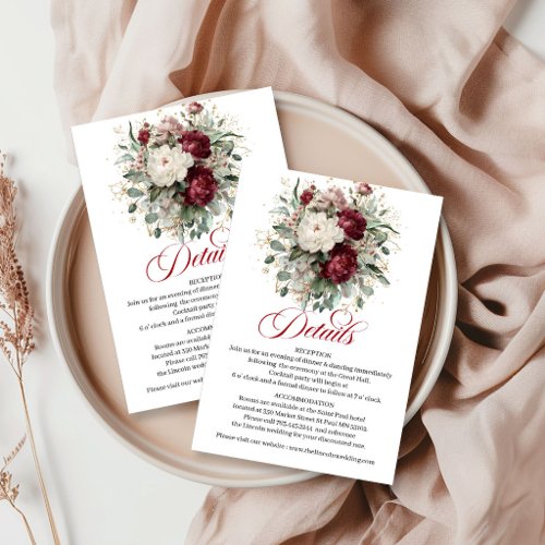 Beautiful Deep Red Floral Gold Wedding Details  Enclosure Card
