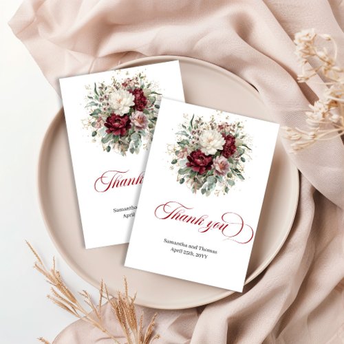 Beautiful Deep Red Floral Gold Wedding Thank You  Card