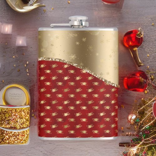 Beautiful Deep Red Floral Pattern with Gold Ribbon Flask