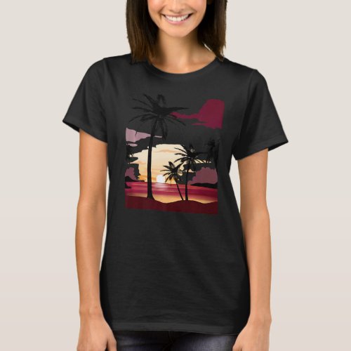 Beautiful Deep Red Sunset With Silhouetted Palm Tr T_Shirt