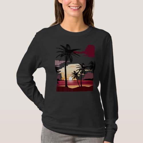 Beautiful Deep Red Sunset With Silhouetted Palm Tr T_Shirt