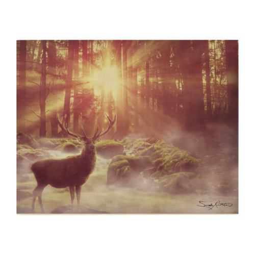 Beautiful Deer in Misty Woods at Sunrise in Nature Wood Wall Art