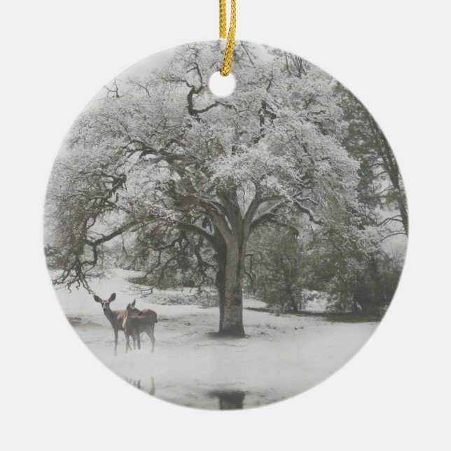 Beautiful Deer in the Snow Christmas Ceramic Ornament (Front)