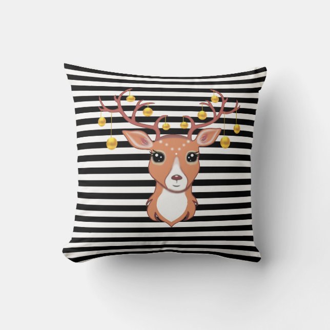 Beautiful Deer on Striped Black & White Throw Pillow (Front)