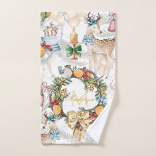 Beautiful Deer Watercolor Christmas Family Name Hand Towel