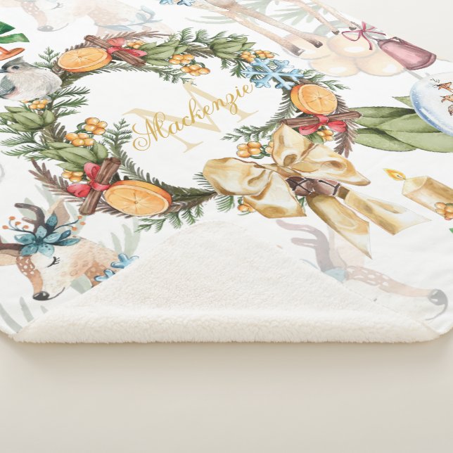 Beautiful Deer Watercolor Christmas Family Name Sherpa Blanket (3/4)