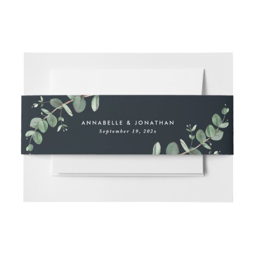 Beautiful delicate eucalyptus chic black wedding invitation belly band