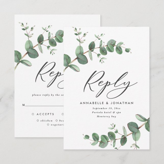 Beautiful delicate eucalyptus foliage wedding RSVP card (Front/Back)