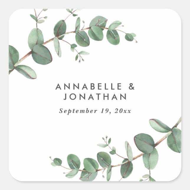 Beautiful delicate eucalyptus foliage wedding square sticker (Front)